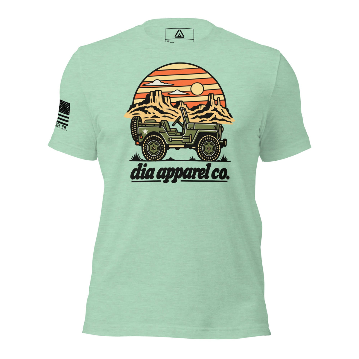 Heather prism mint t-shirt featuring a military jeep in front of a desert sunset graphic and "dia apparel co." text.