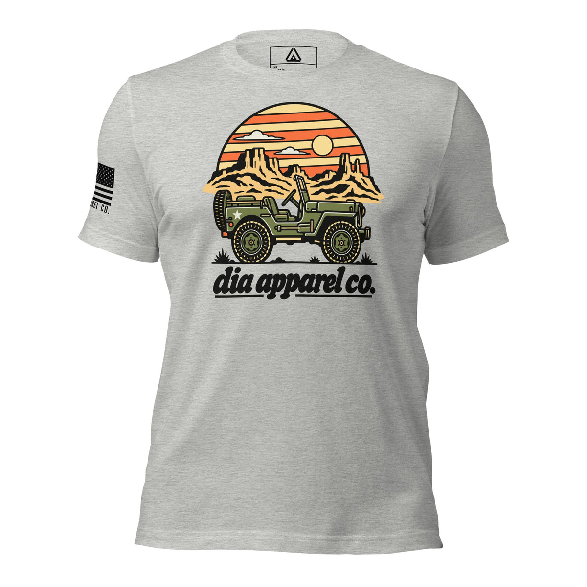 Athletic heather t-shirt featuring a military jeep in front of a desert sunset graphic and "dia apparel co." text.