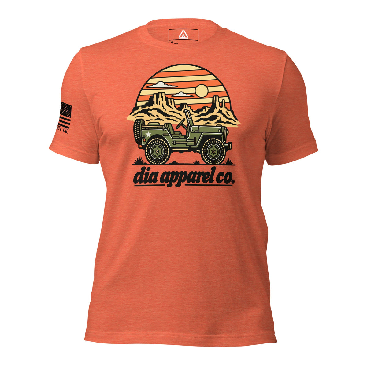 Heather orange T-shirt featuring a military jeep in front of a desert sunset graphic and "dia apparel co." text.