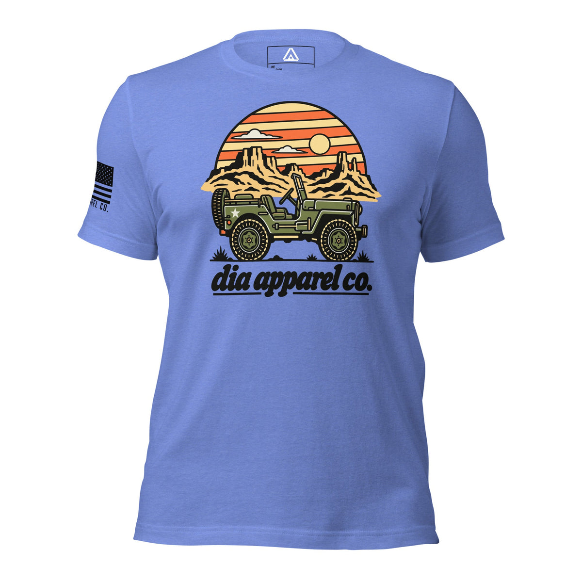 Light blue T-shirt featuring a military jeep in front of a desert sunset graphic and "dia apparel co." text.
