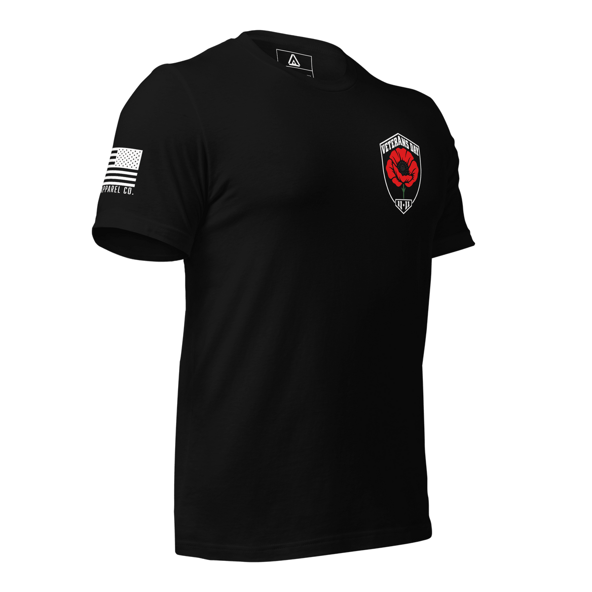 Three-quarter front view of a black t-shirt angled left, featuring a red Veterans Day poppy emblem on the left chest.