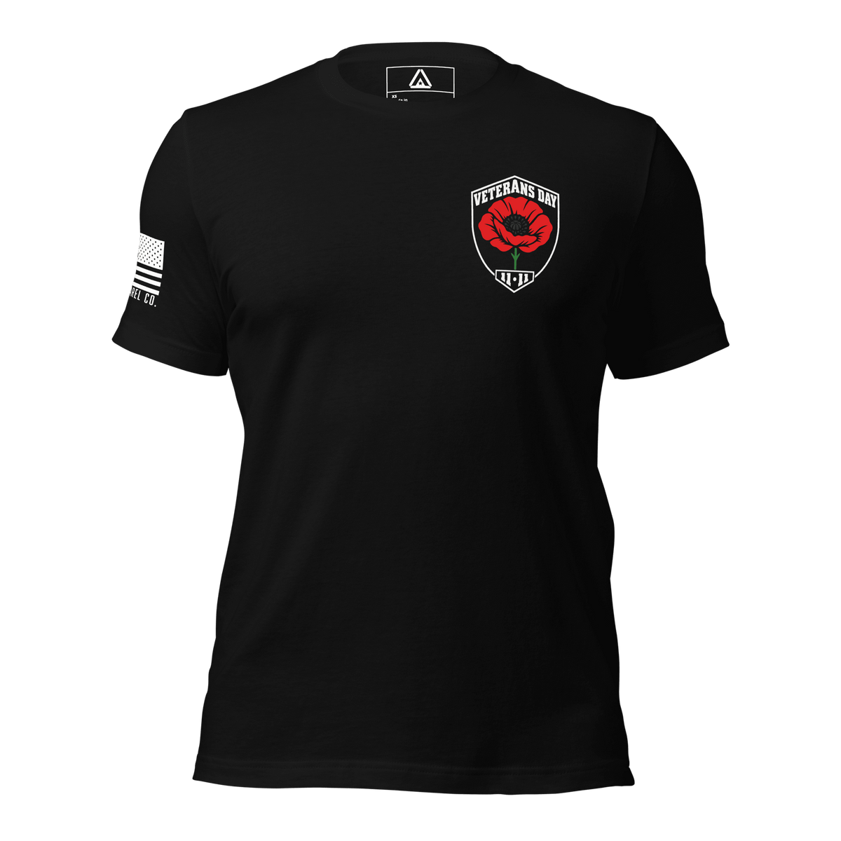 Front view of a black t-shirt featuring a red Veterans Day poppy emblem crest on the left chest and sleeve graphic.