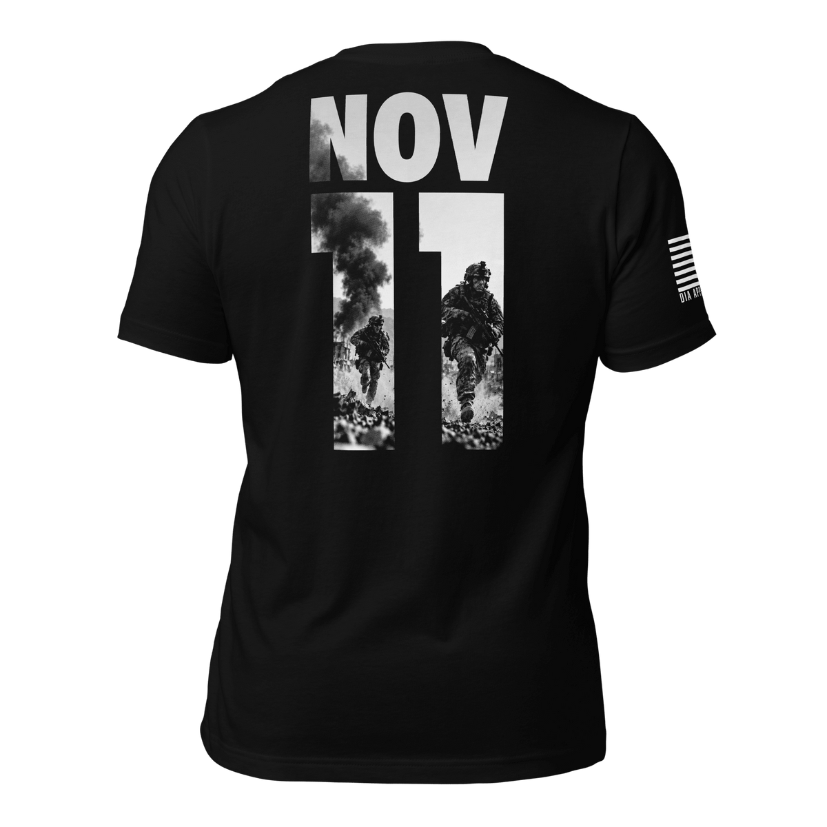 Back view of a black T-shirt with a large white "NOV 11" graphic with military combat scenes printed inside the numerals.