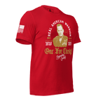 Red t-shirt in a three-quarter view, featuring a Chesty Puller graphic and an American flag on the sleeve.