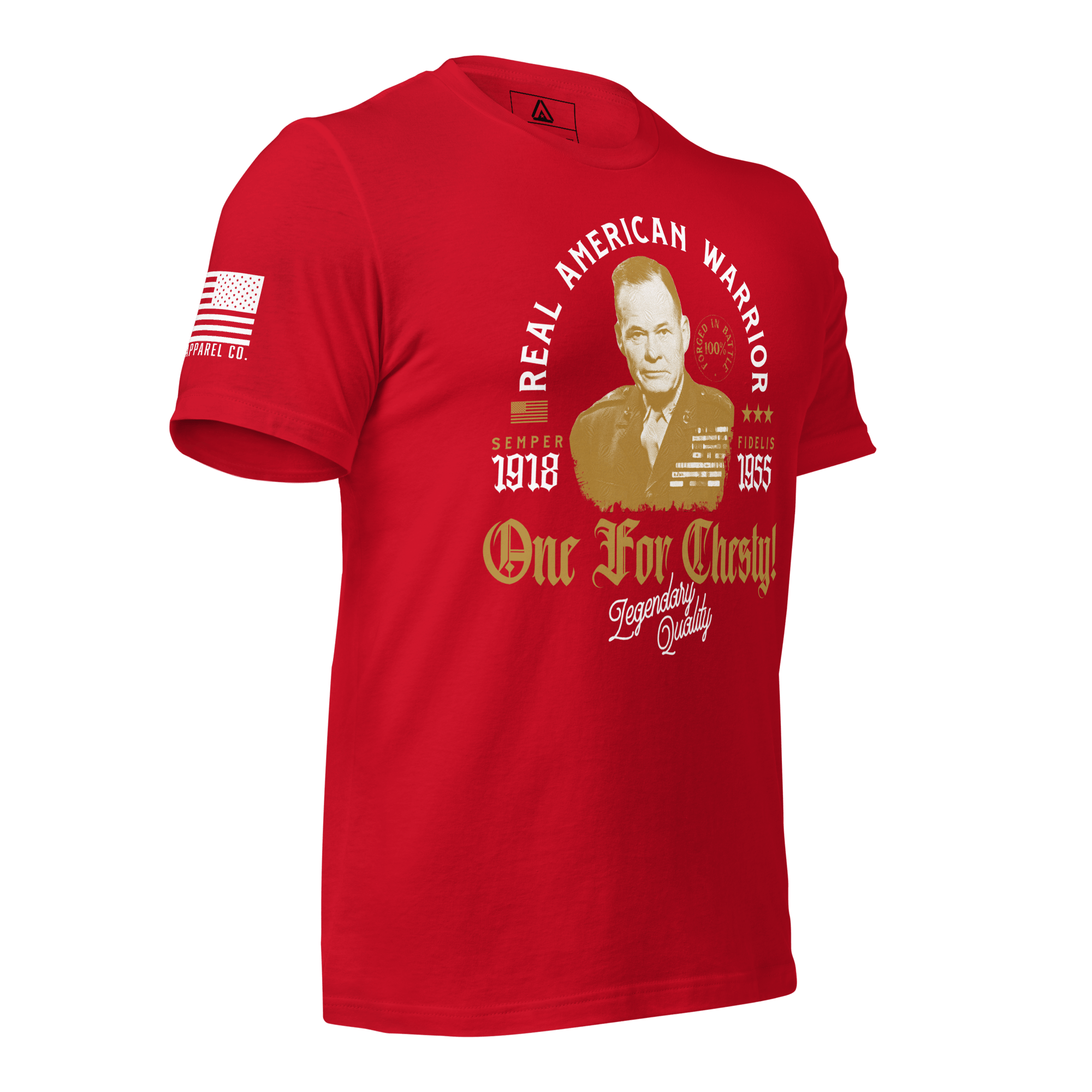 Red t-shirt in a three-quarter view, featuring a Chesty Puller graphic and an American flag on the sleeve.