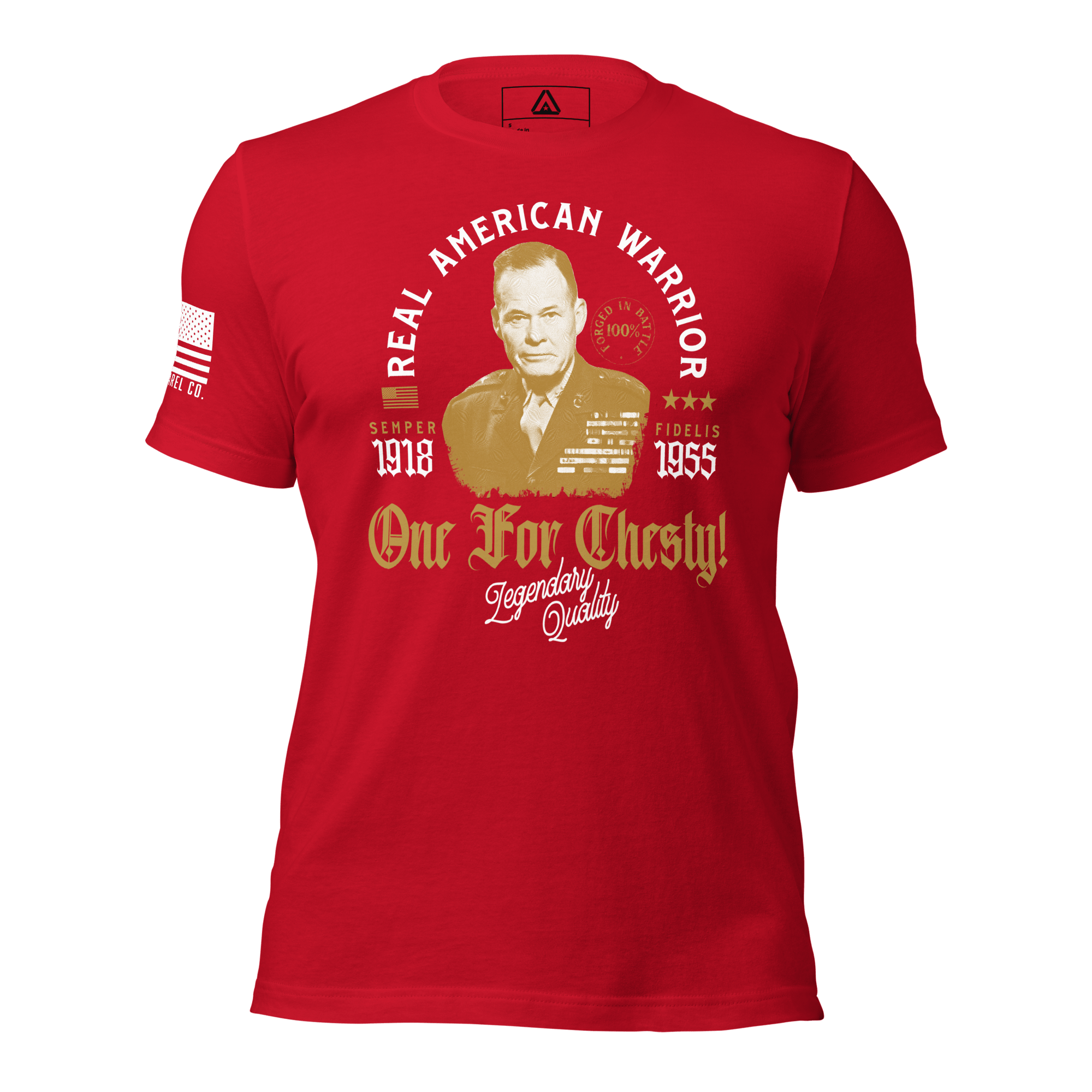 Red t-shirt featuring a Chesty Puller graphic and an American flag on the sleeve.