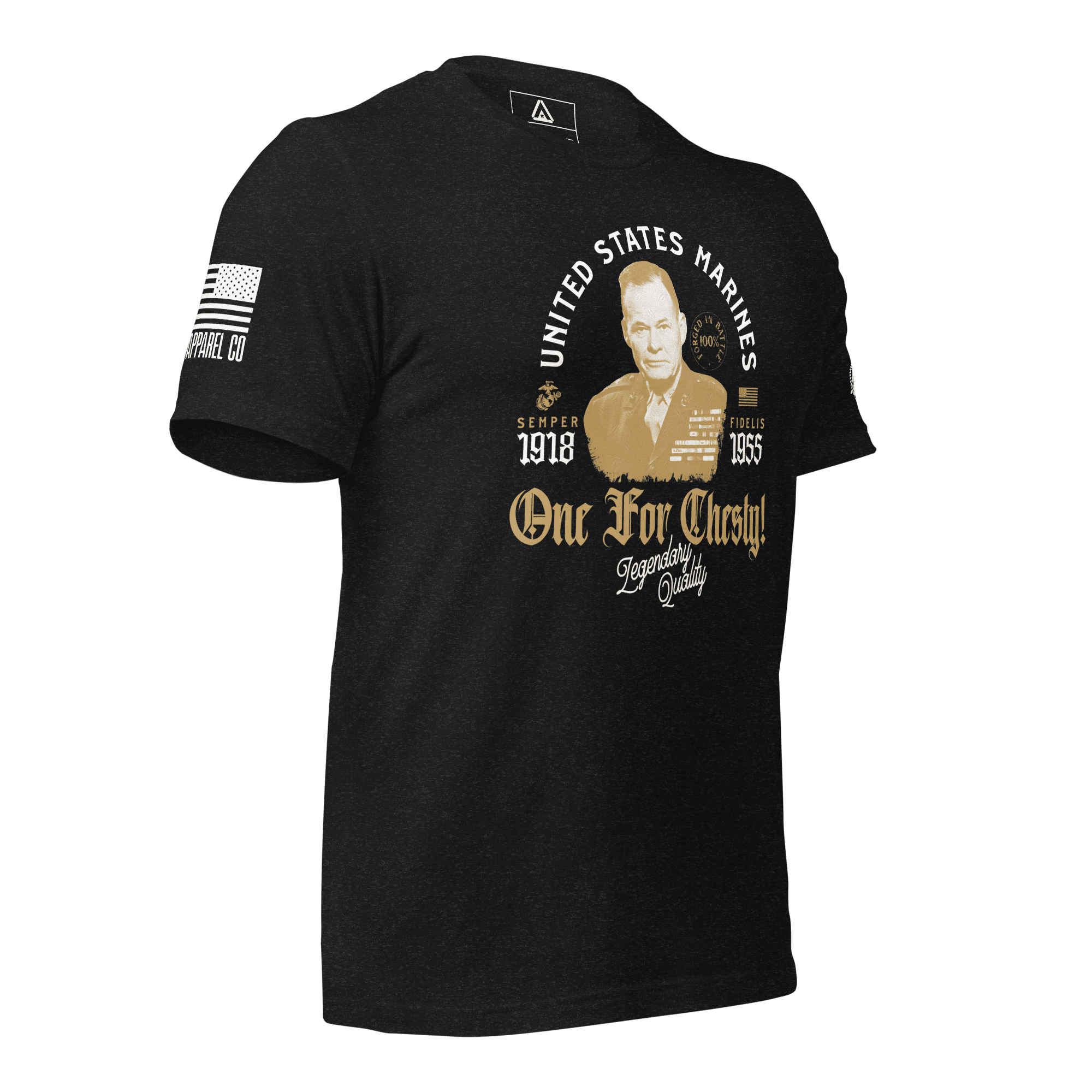 Black t-shirt, three-quarter view angled left, with a tan "One For Chesty!" graphic and a white American flag on the sleeve.