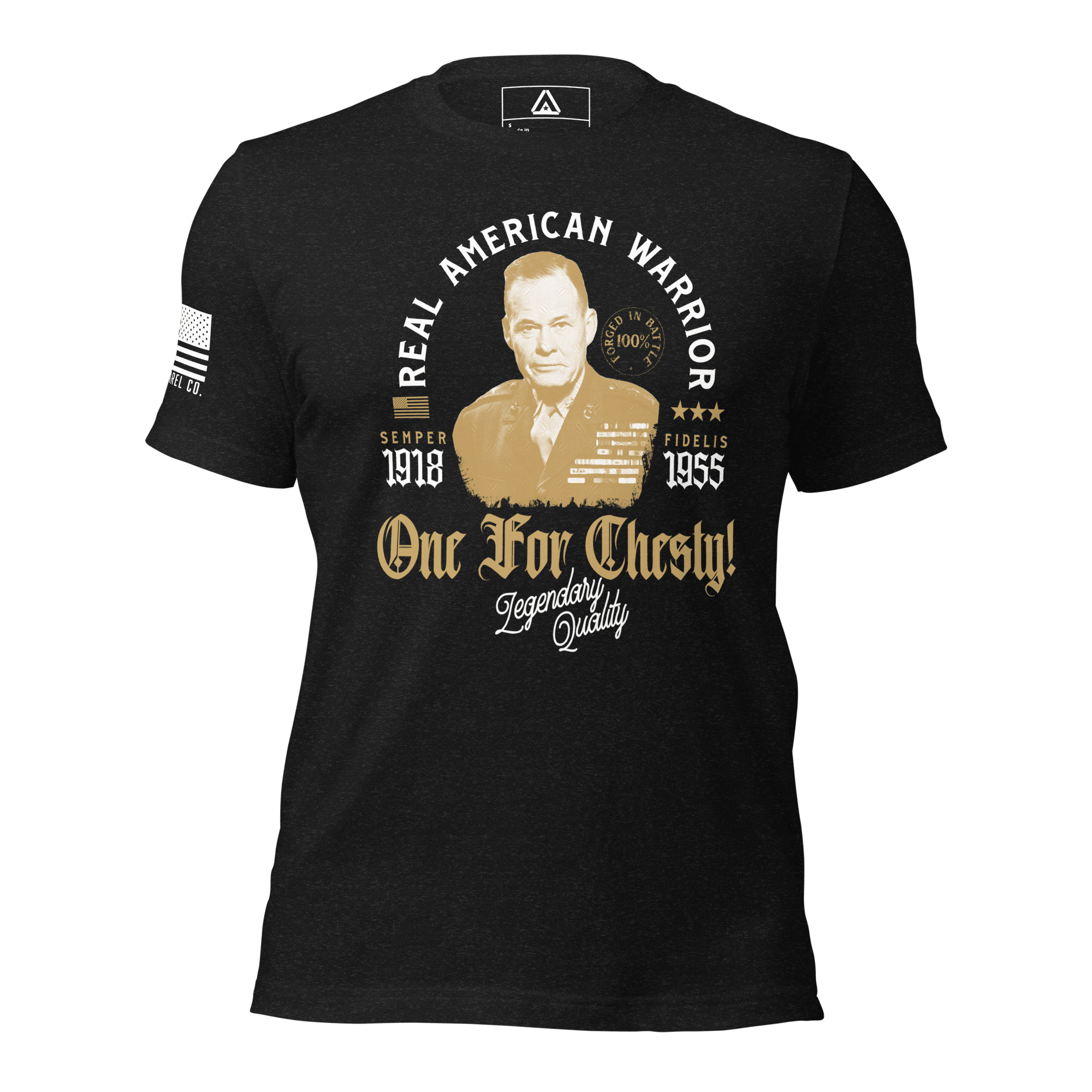 Black heather t-shirt featuring a Chesty Puller graphic and an American flag on the sleeve.