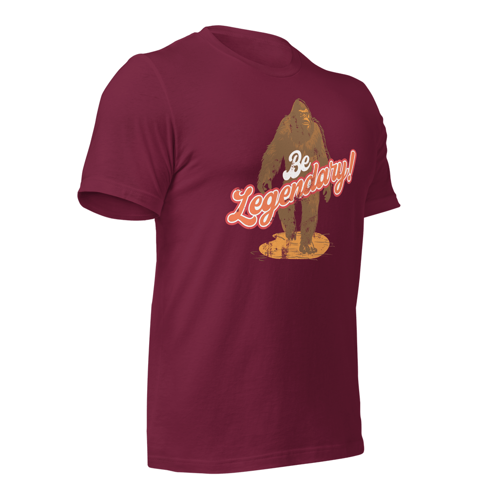 Maroon Pathfinder T-shirt angled left highlighting bold Bigfoot illustration and text