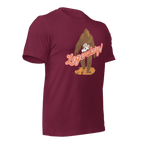 Maroon Pathfinder T-shirt angled left highlighting bold Bigfoot illustration and text