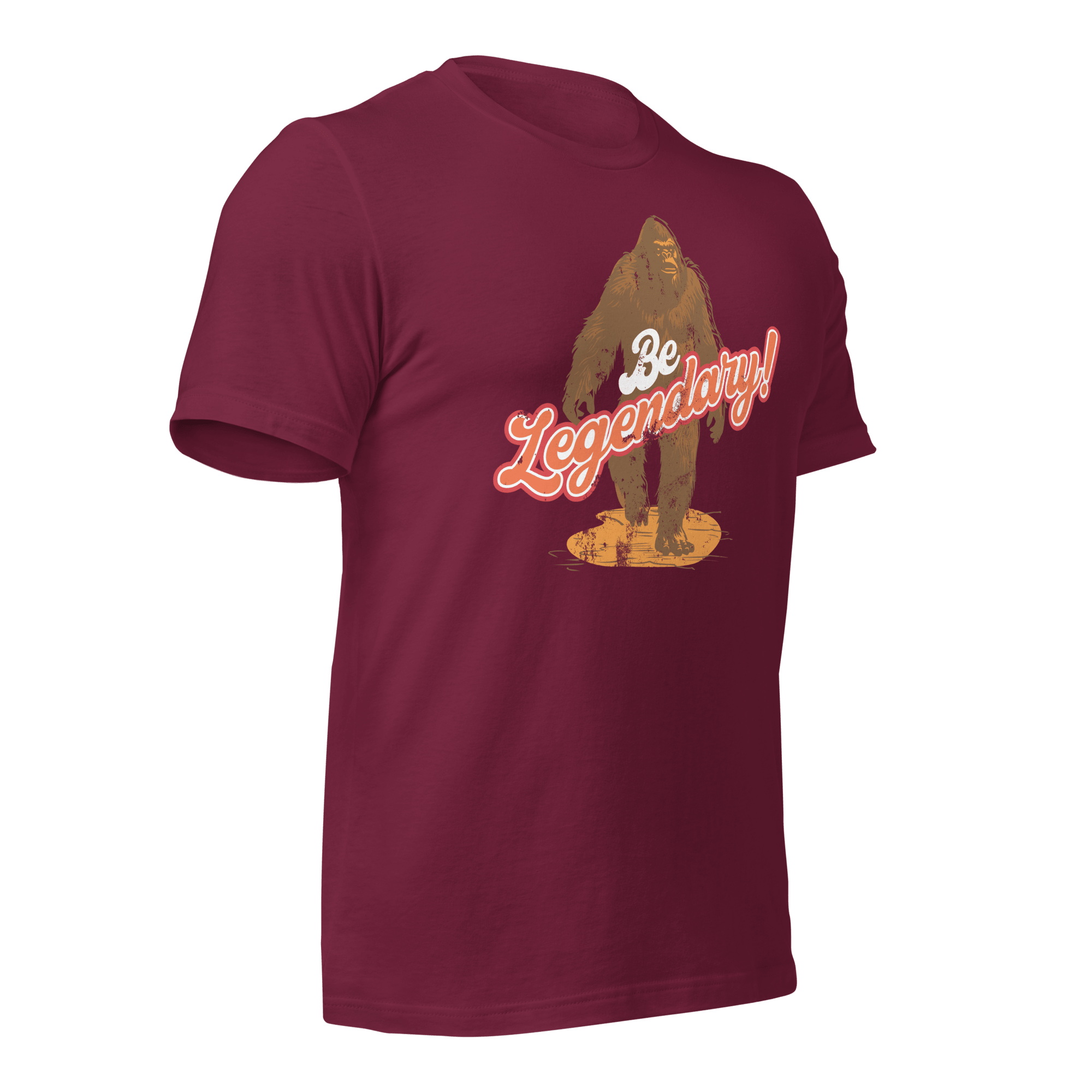 Maroon Pathfinder T-shirt angled left highlighting bold Bigfoot illustration and text