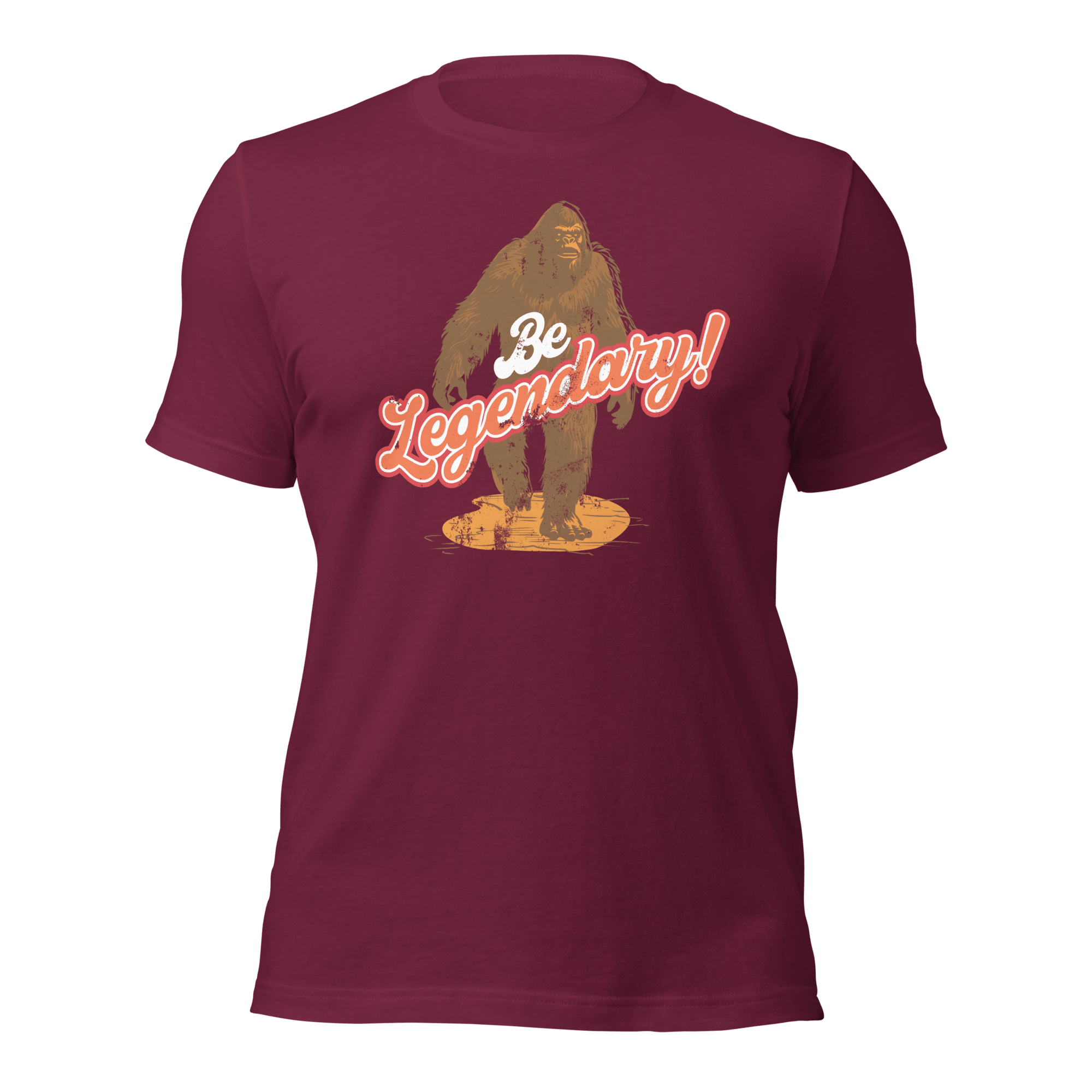 Maroon Pathfinder Bigfoot T-shirt front presenting “Be Legendary” graphic and detailed illustration