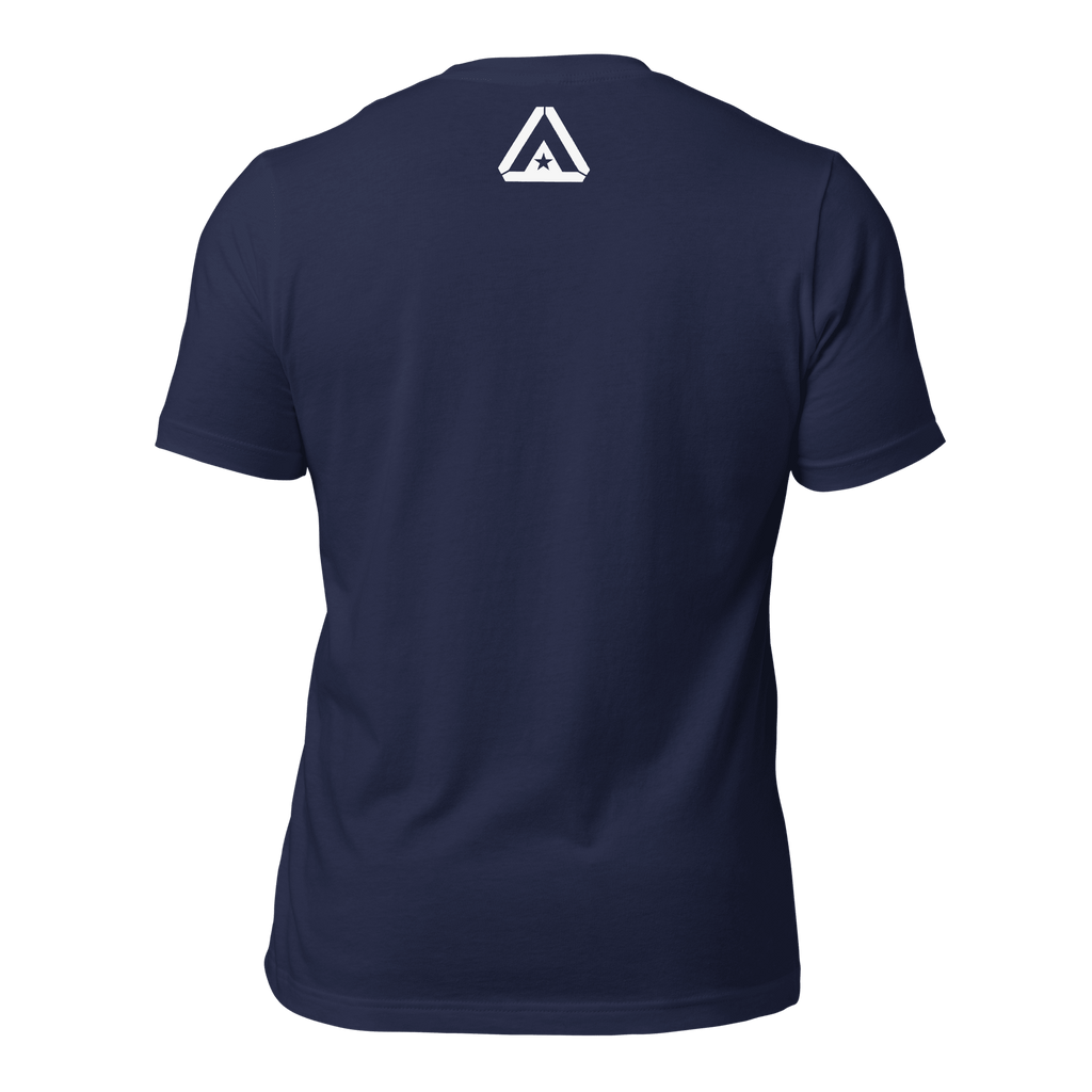 Navy Pathfinder T-shirt back view with subtle red DIA logo beneath collar seam