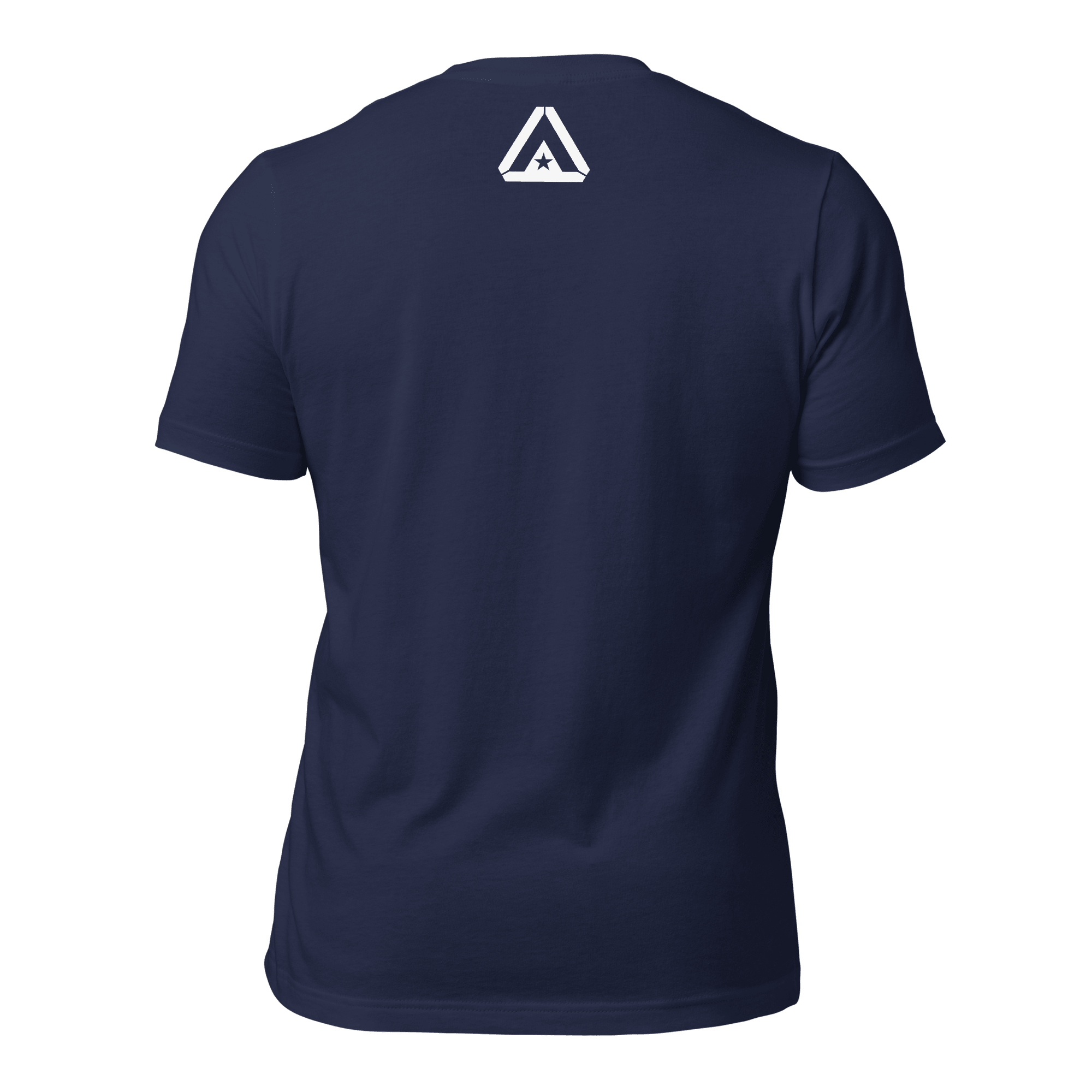 Navy Pathfinder T-shirt back view with subtle red DIA logo beneath collar seam