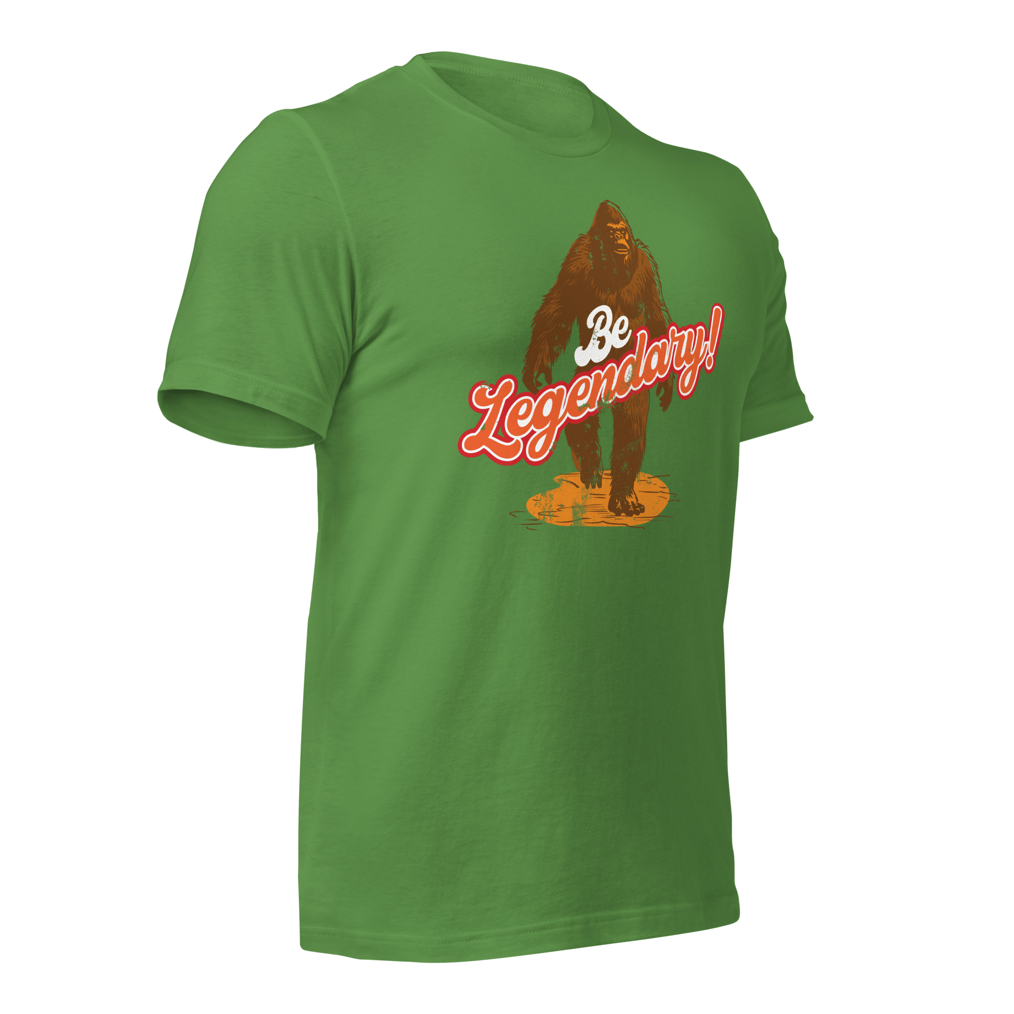 Leaf Pathfinder Bigfoot T-shirt angled left showing orange text and detailed Bigfoot artwork