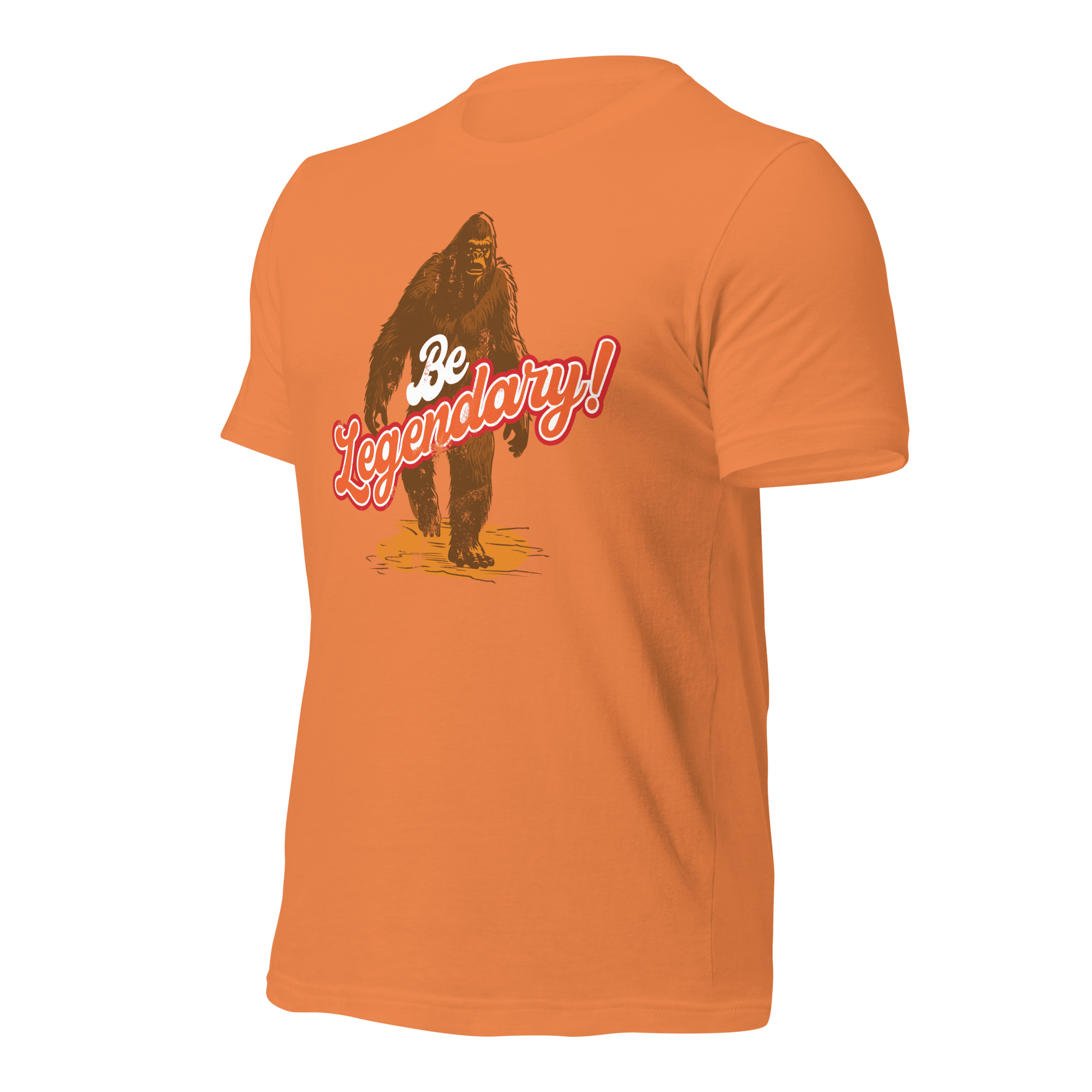 Burnt Orange Pathfinder Bigfoot T-shirt angled right showing detailed Bigfoot artwork and text layout