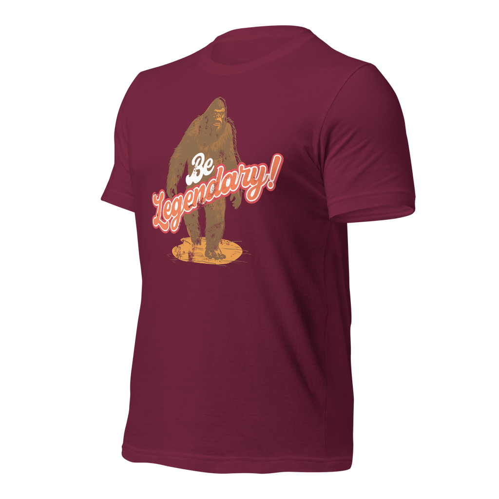 Maroon Pathfinder Bigfoot T-shirt angled right showcasing layered design and graphic elements