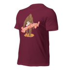 Maroon Pathfinder Bigfoot T-shirt angled right showcasing layered design and graphic elements