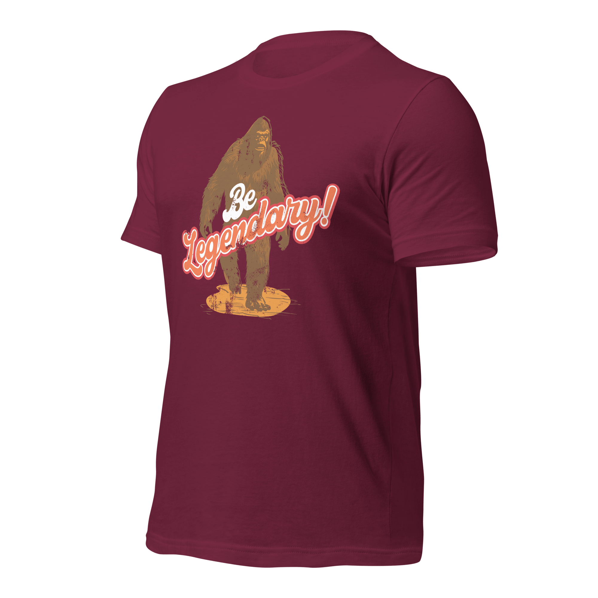 Maroon Pathfinder Bigfoot T-shirt angled right showcasing layered design and graphic elements