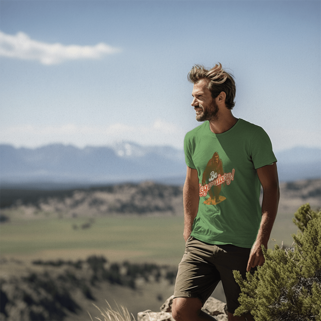 Man in the mountains wearing olive shorts and a green Be Legendary Bigfoot DIA t-shirt.