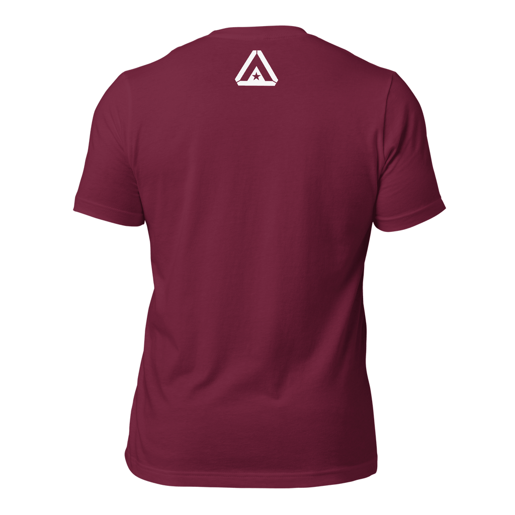 Maroon Pathfinder T-shirt back view with small red DIA logo below neckline