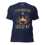 Navy blue t-shirt, front view, featuring a burning bridge graphic and the text "LET THE BRIDGES I BURN LIGHT MY WAY".