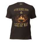 brown t-shirt, front view, featuring a burning bridge graphic and the text "LET THE BRIDGES I BURN LIGHT MY WAY".