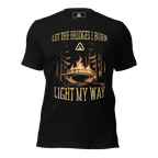 Black t-shirt, front view, featuring a burning bridge graphic and the text "LET THE BRIDGES I BURN LIGHT MY WAY".