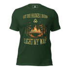 Forest green t-shirt, front view, featuring a burning bridge graphic and the text "LET THE BRIDGES I BURN LIGHT MY WAY".