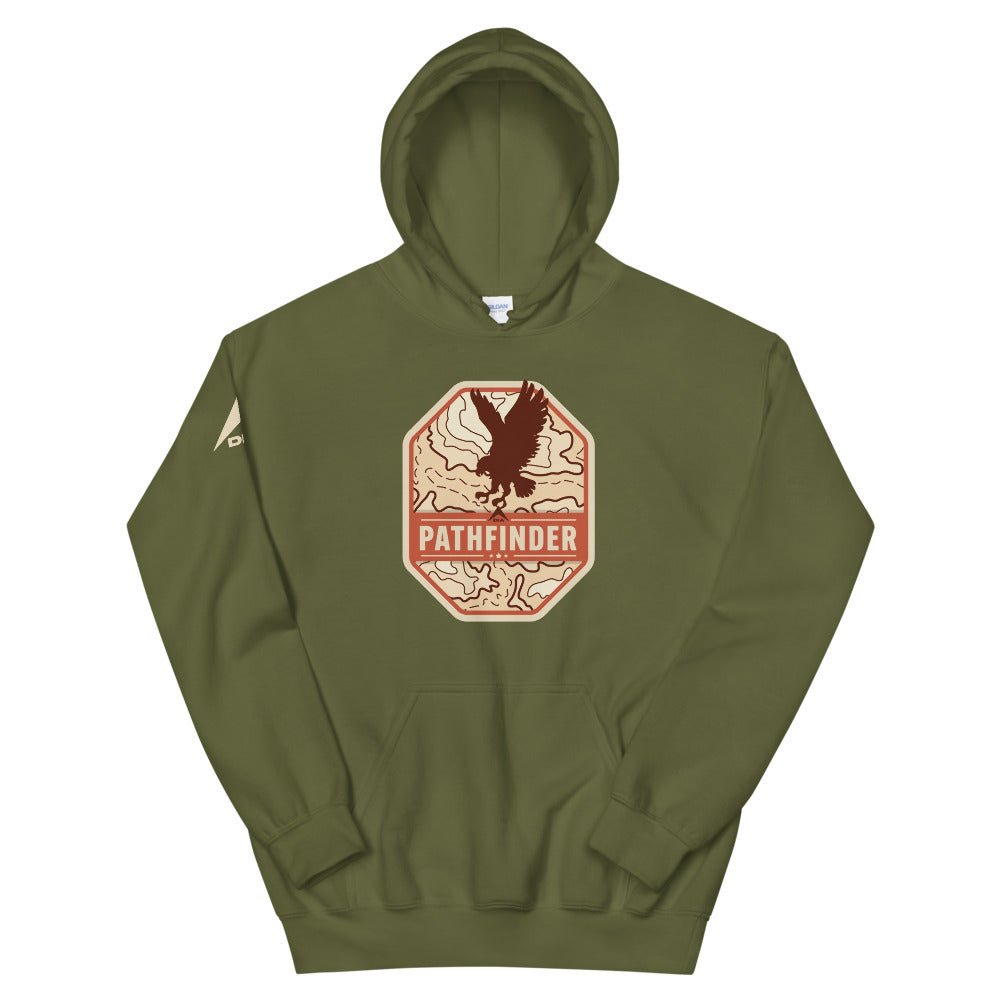 Olive green Pathfinder hoodie, front view, featuring an eagle graphic on the chest and a DIA logo on the right sleeve.