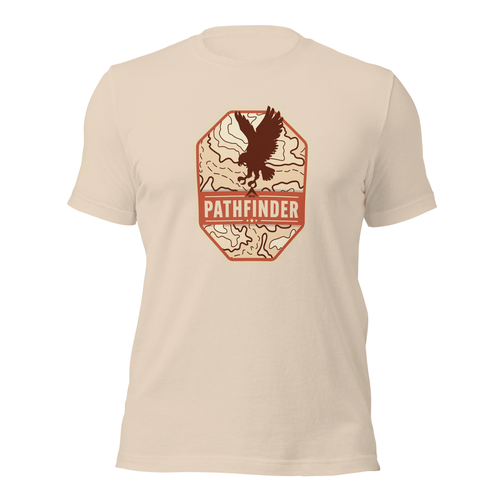 Soft Cream Pathfinder t-shirt, front view, featuring an eagle graphic on the chest and a DIA logo on the right sleeve.