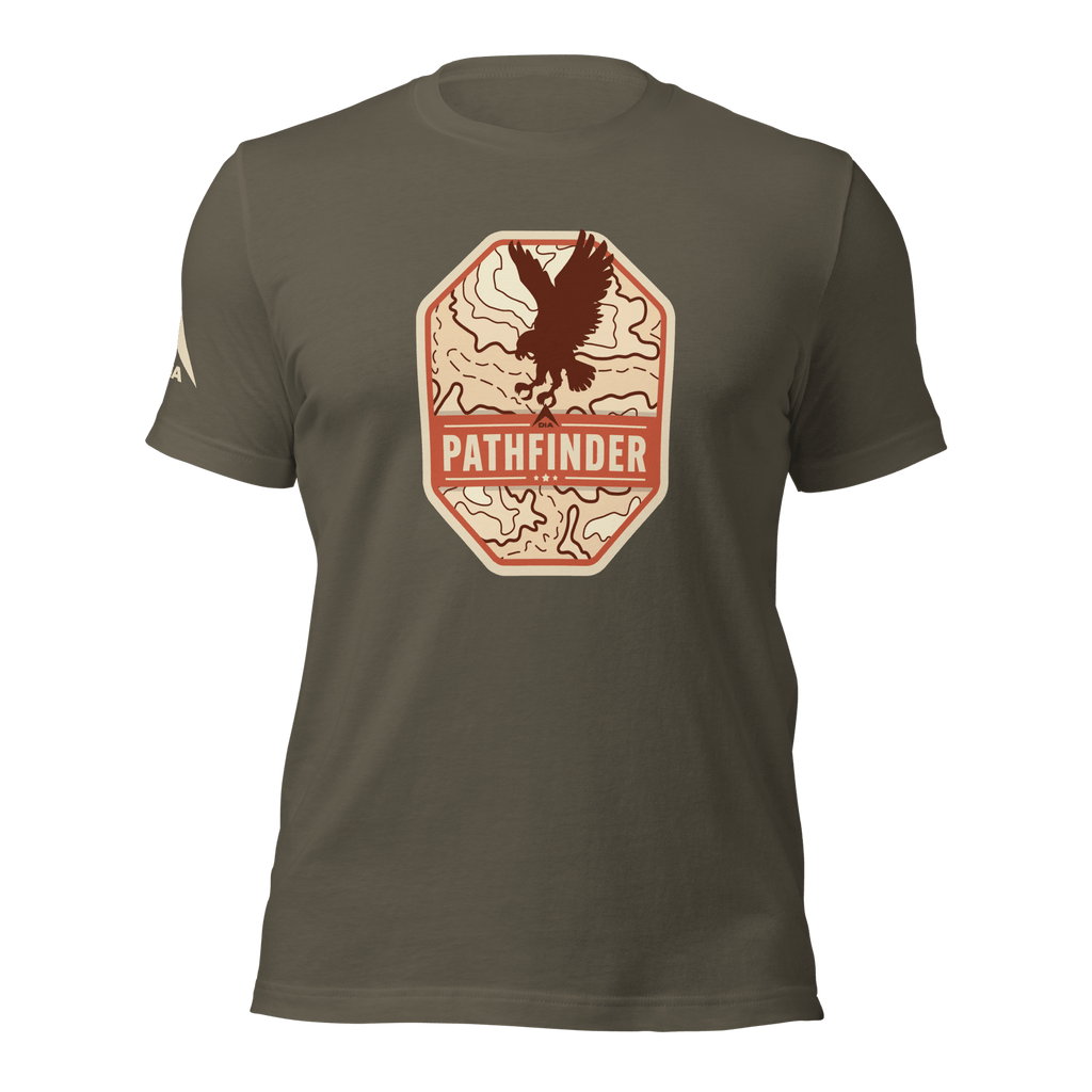 Army green Pathfinder t-shirt, front view, featuring an eagle graphic on the chest and a DIA logo on the right sleeve.