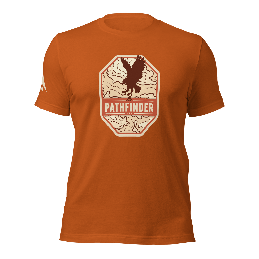 Autumn orange Pathfinder t-shirt, front view, featuring an eagle graphic on the chest and a DIA logo on the right sleeve.