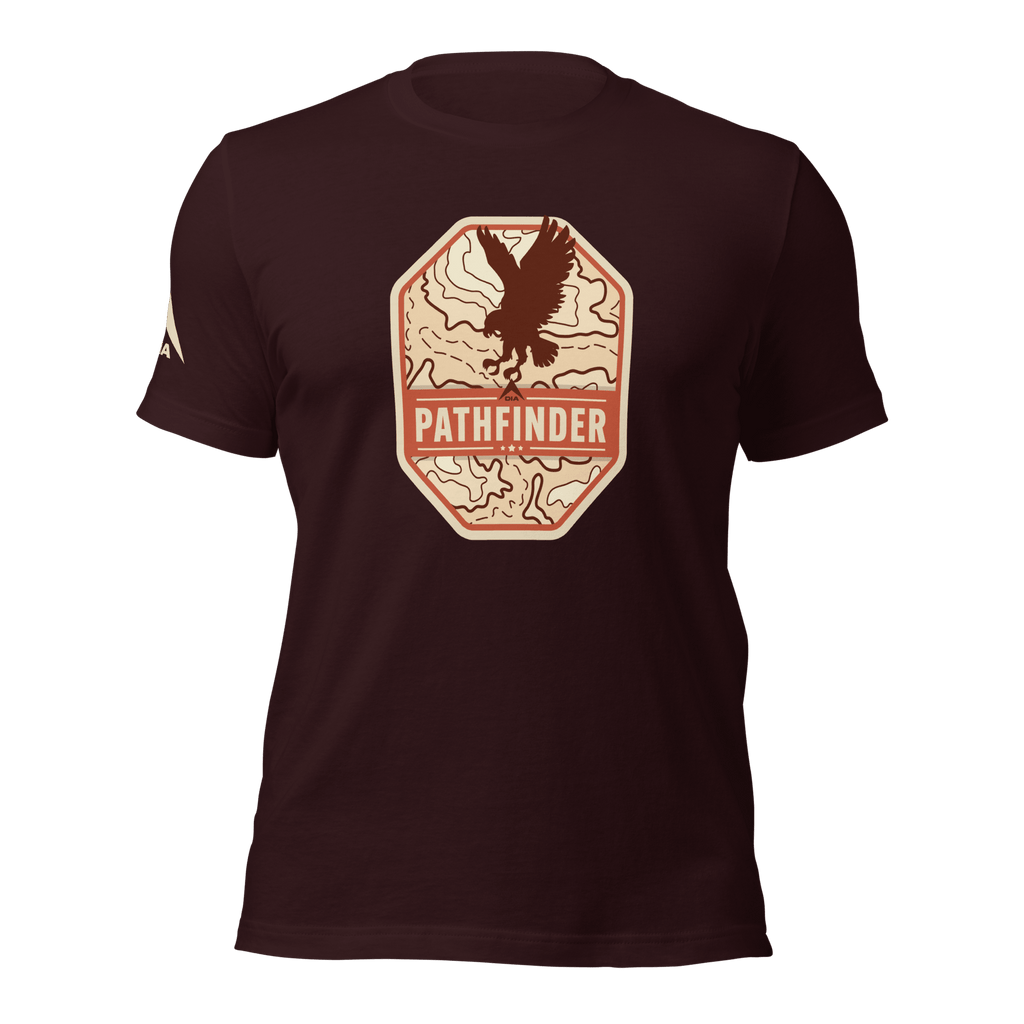 Oxblood black Pathfinder t-shirt, front view, featuring an eagle graphic on the chest and a DIA logo on the right sleeve.