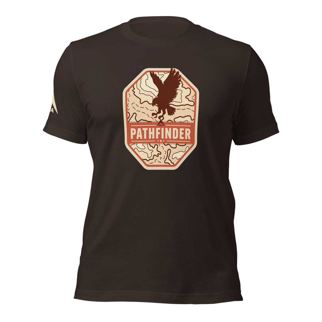 brown Pathfinder t-shirt, front view, featuring an eagle graphic on the chest and a DIA logo on the right sleeve.