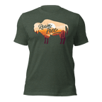Heather forest t-shirt featuring a sunset landscape buffalo graphic with "Roam Free" text across the center.