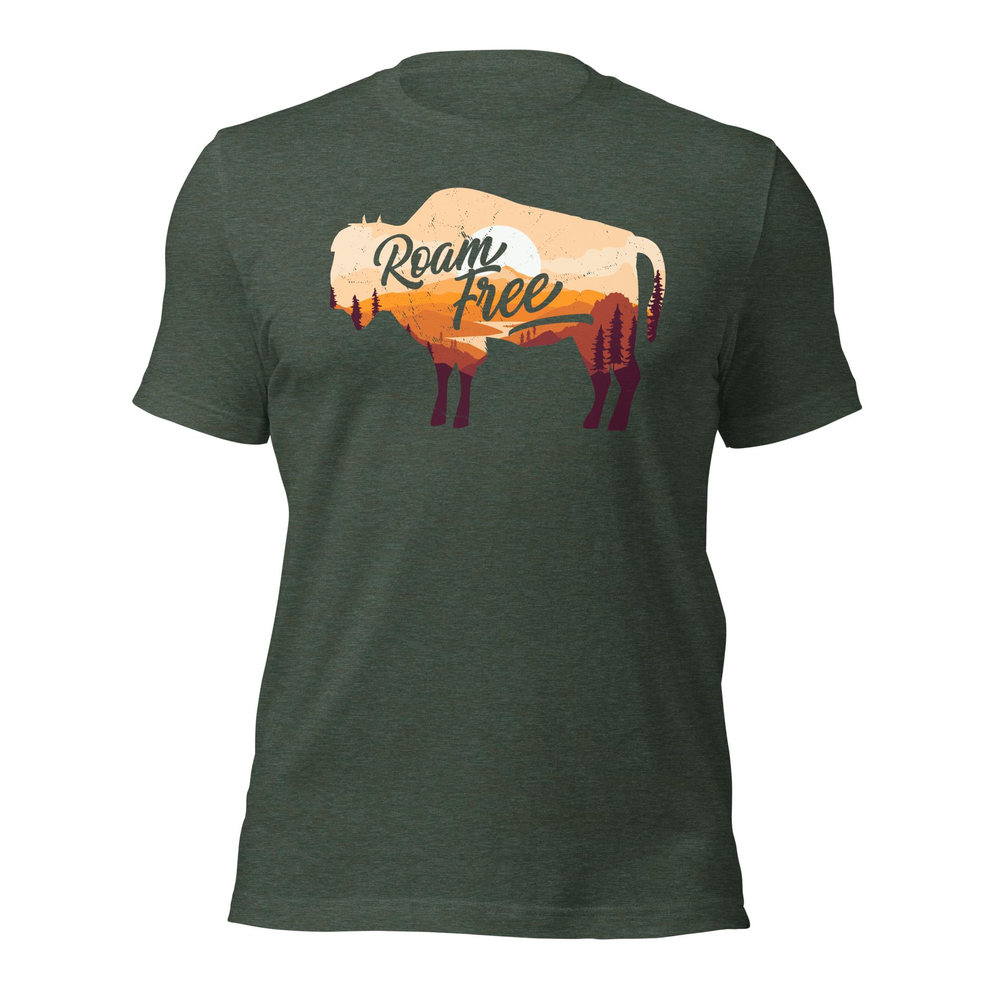 Heather forest t-shirt featuring a sunset landscape buffalo graphic with "Roam Free" text across the center.
