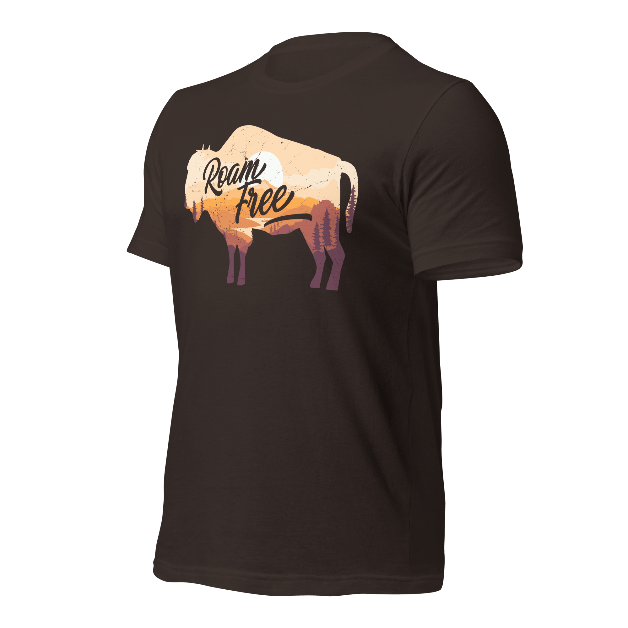 Chocolate brown t-shirt, three-quarter view angled right, featuring a "Roam Free" buffalo graphic.