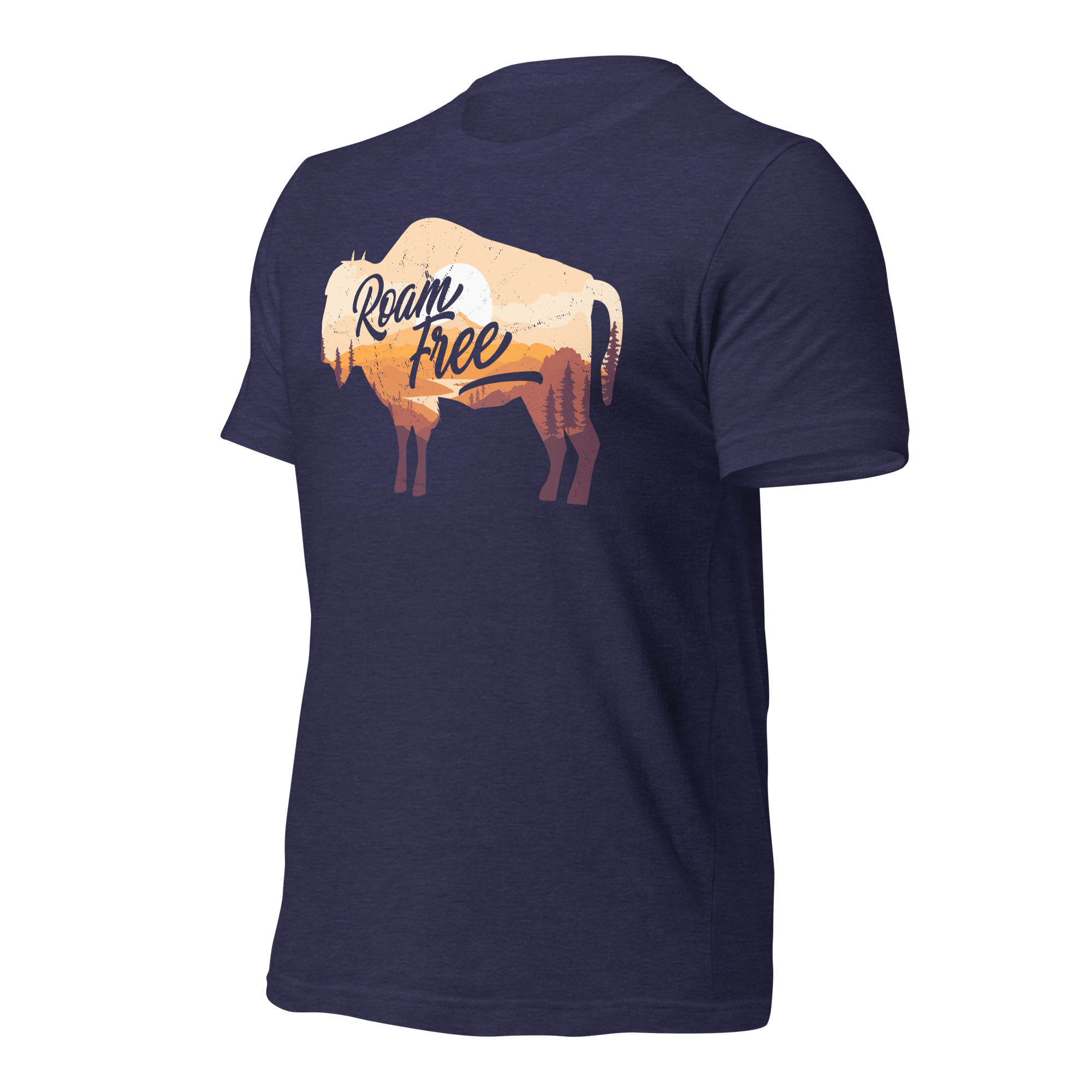 Heather midnight navy t-shirt, three-quarter view angled right, featuring a "Roam Free" buffalo graphic and a DIA logo.