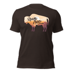 brown t-shirt featuring a sunset landscape buffalo graphic with "Roam Free" text across the center.