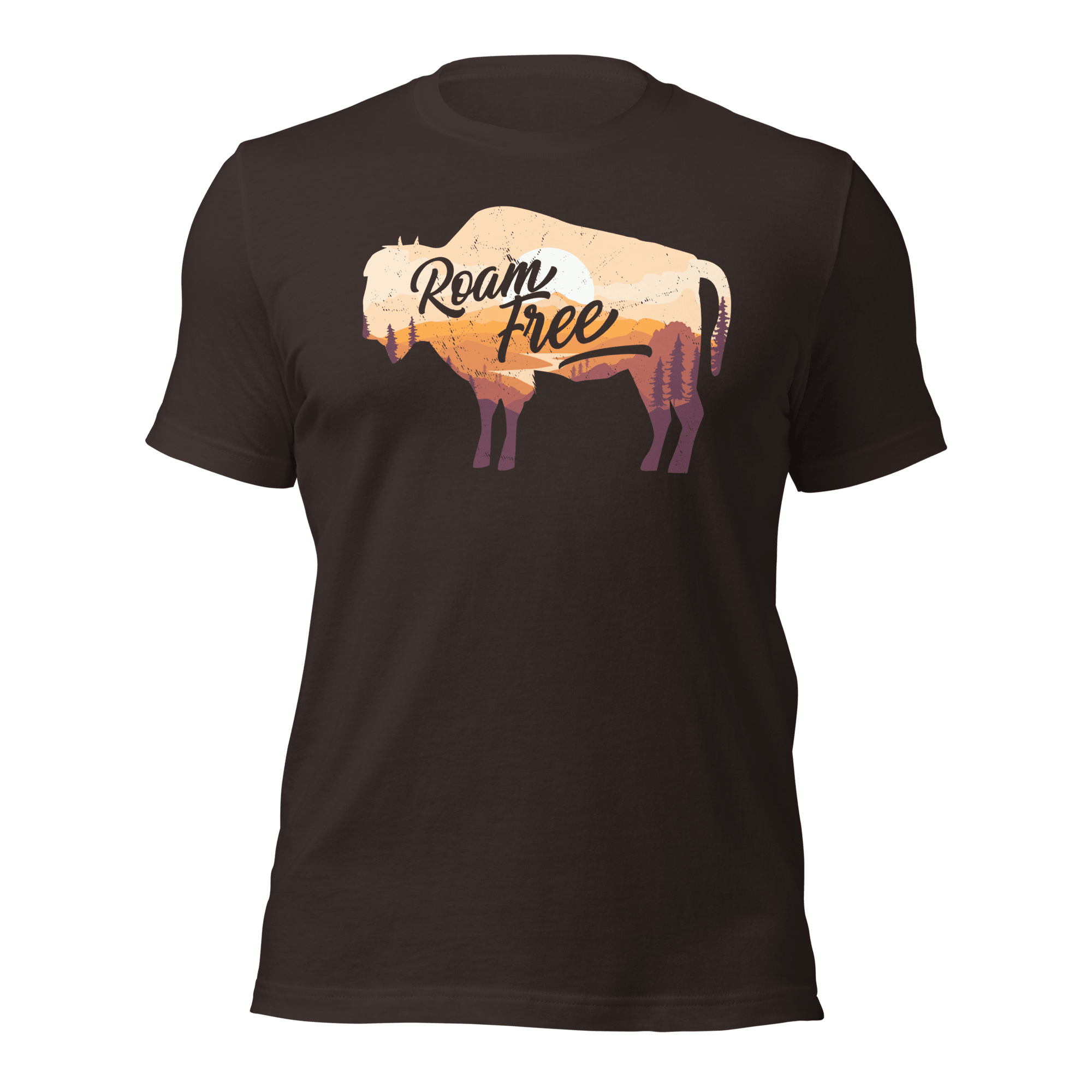 brown t-shirt featuring a sunset landscape buffalo graphic with "Roam Free" text across the center.