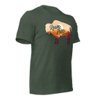 Heather forest t-shirt, three-quarter view angled left, featuring a "Roam Free" buffalo graphic and a DIA logo.