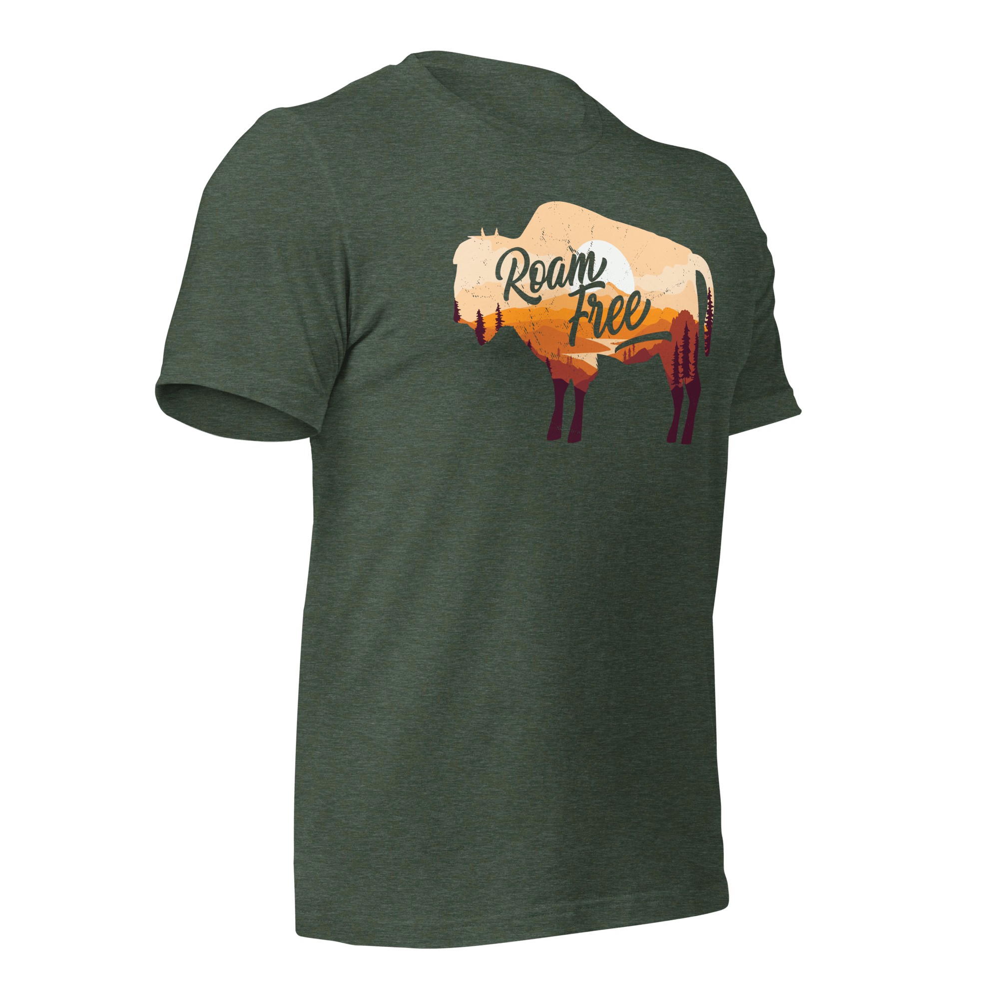 Heather forest t-shirt, three-quarter view angled left, featuring a "Roam Free" buffalo graphic and a DIA logo.