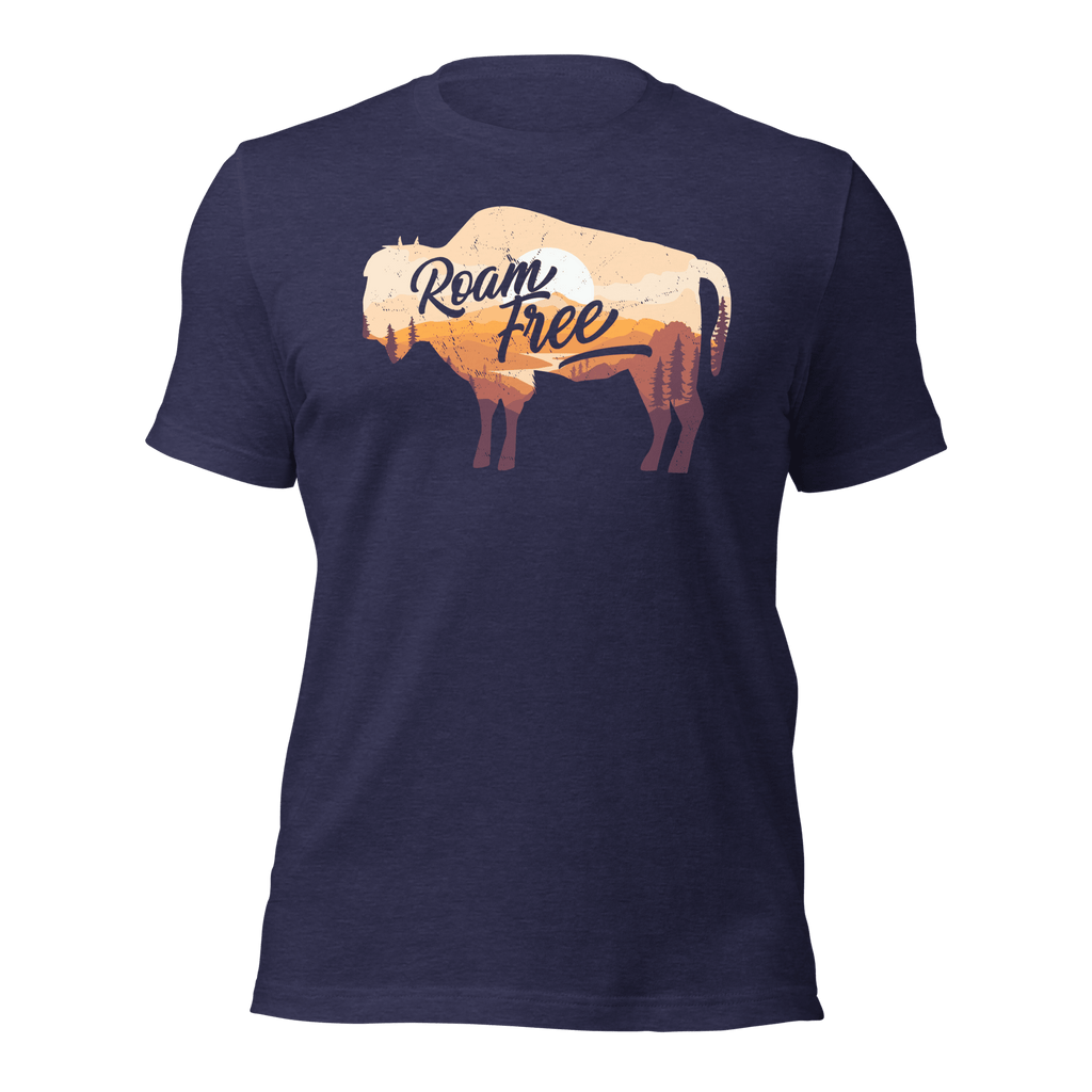 Heather midnight navy t-shirt featuring a sunset landscape buffalo graphic with "Roam Free" text across the center.