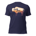 Heather midnight navy t-shirt featuring a sunset landscape buffalo graphic with "Roam Free" text across the center.
