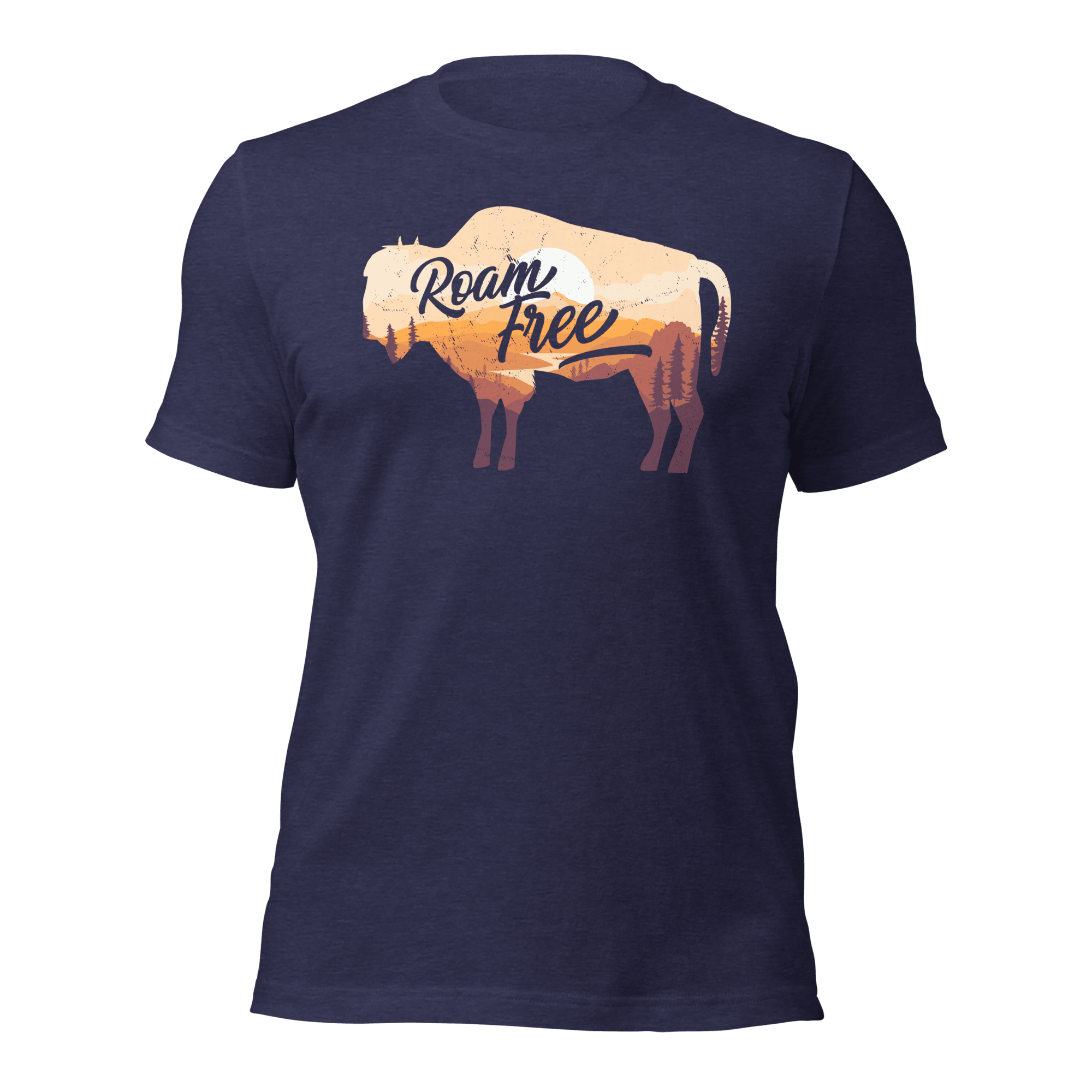 Heather midnight navy t-shirt featuring a sunset landscape buffalo graphic with "Roam Free" text across the center.