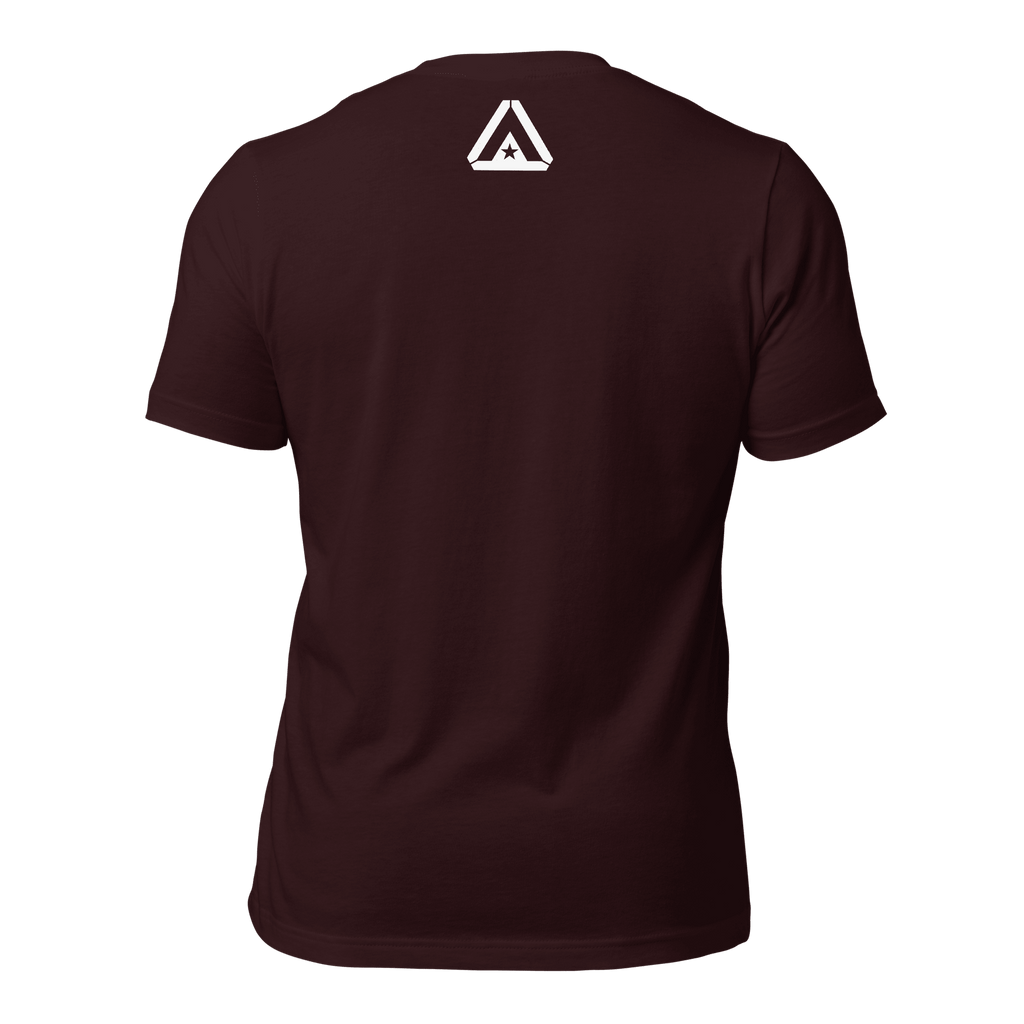 Oxblood black t-shirt, back view, featuring a white DIA logo printed on the upper neck area.