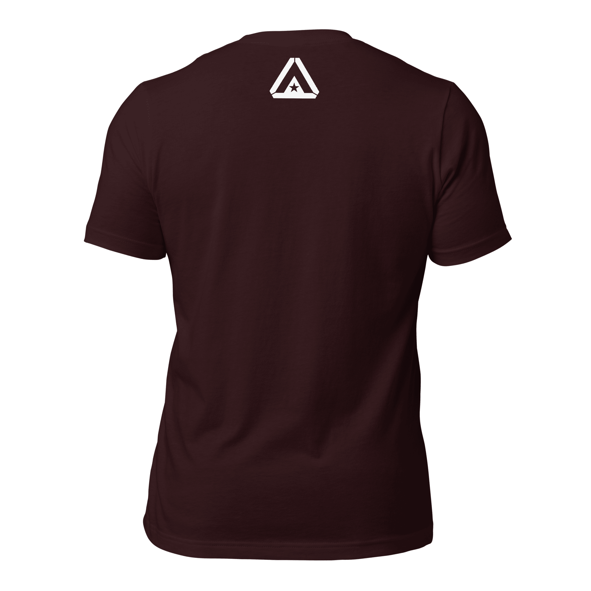 Oxblood black t-shirt, back view, featuring a white DIA logo printed on the upper neck area.