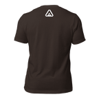 brown t-shirt, back view, featuring a white DIA logo printed on the upper neck area.