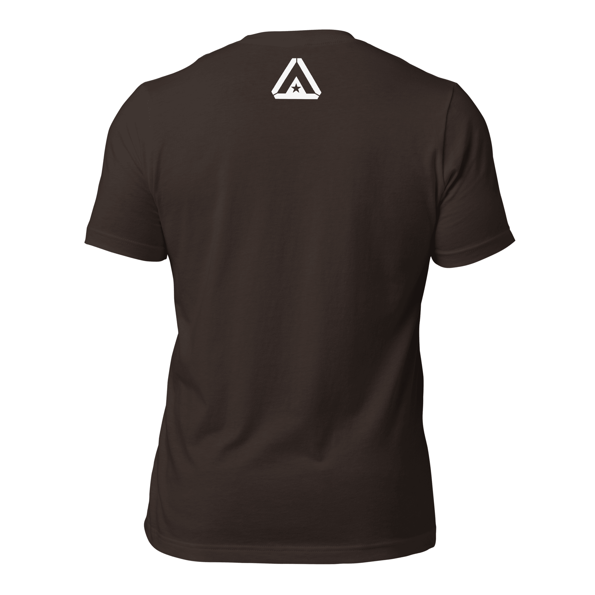 brown t-shirt, back view, featuring a white DIA logo printed on the upper neck area.